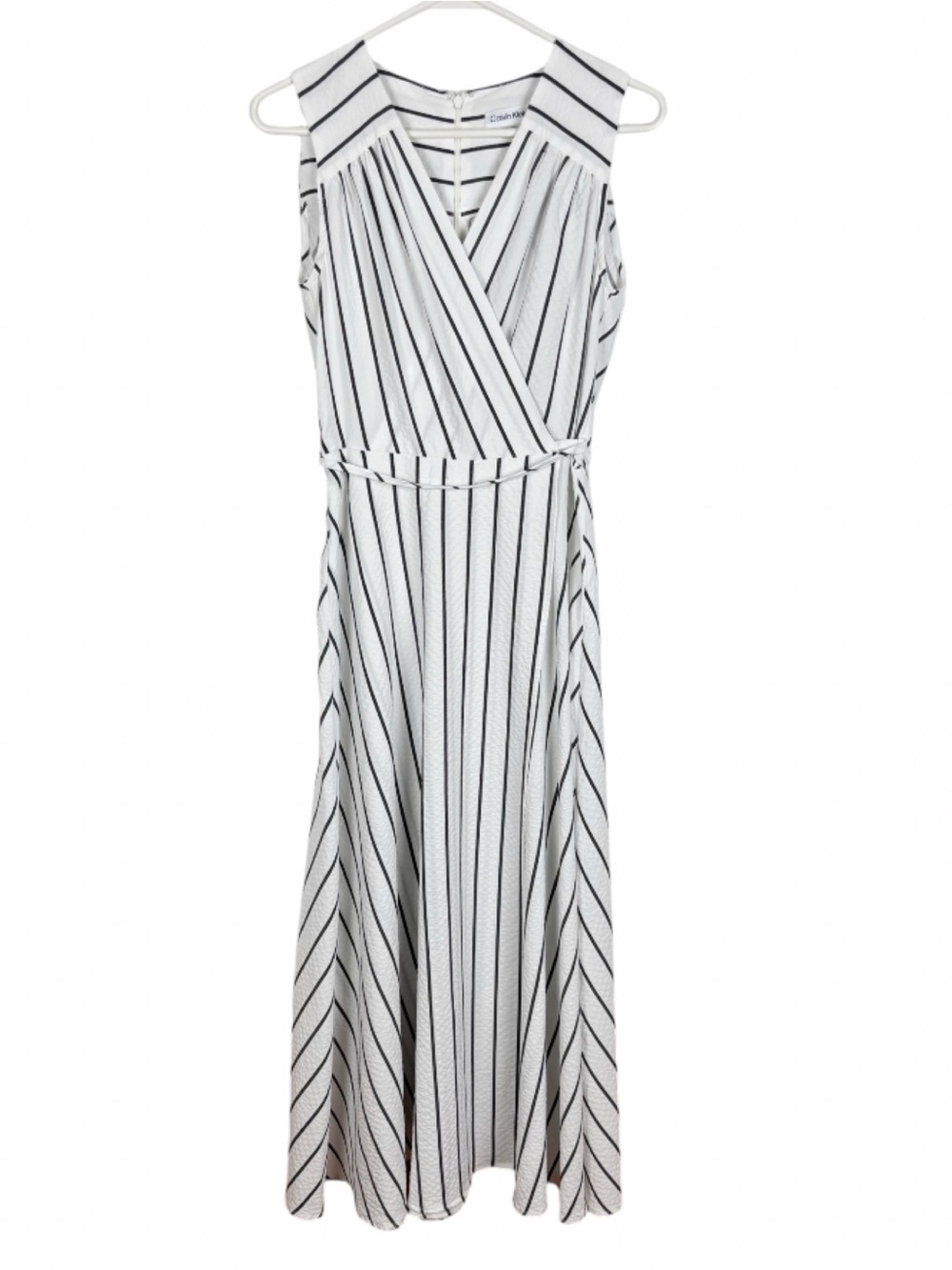 Calvin Klein Striped Sleeveless Faux-Wrap Maxi Dress Size 2 White Black